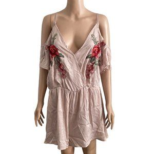 K Glam Romper Womens 1XL Cold Shoulder Pink Rose Embroidered New